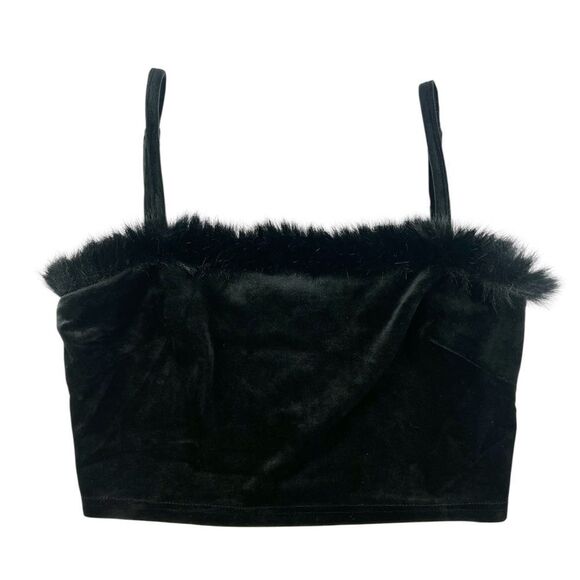 Kittenish Party Girl Black Velvet Spaghetti Strap Crop Top Faux Fur Trim Medium - Picture 1 of 7
